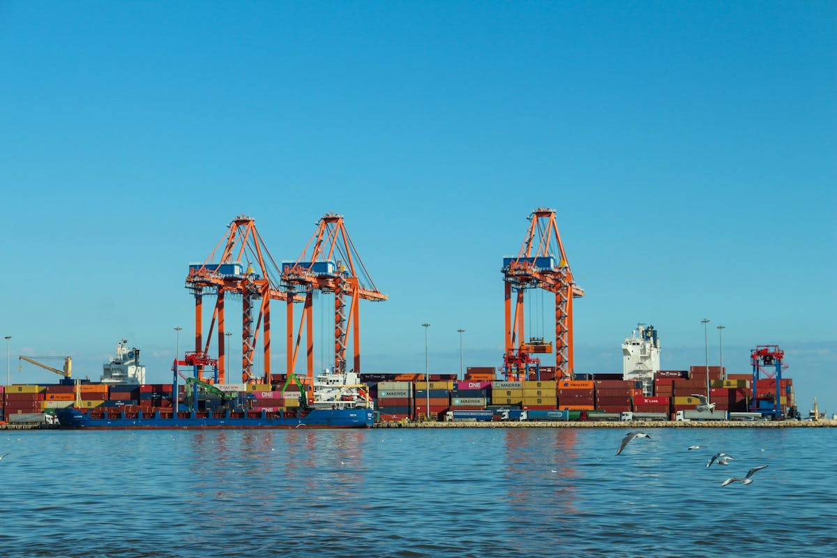 Colorful container port with cranes